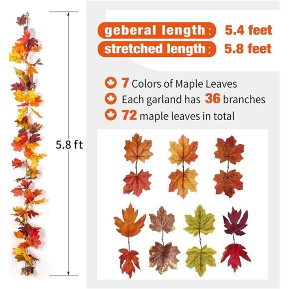 2 Pack Fall Maple Garland with 40 LED String Light- 5.8ft/Piece - Picture 3 of 7
